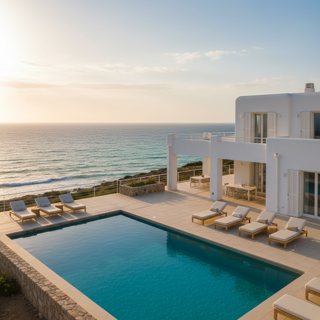 Geniş teraslı, modern ve beyaz badanalı bir yazlık villa, Akdeniz’e bakan hafif yamaç üzerinde konumlanmış. Ön planda, kenarları taşla çerçevelenmiş kristal berraklığında dikdörtgen havuz, etrafında açık renk tik ahşap şezlonglar ve krem tonlarda şık minderler yer alıyor. Altın saat ışığında güneş, denizden yansıyıp villanın cephesinde yumuşak parıltılar oluşturuyor, uzun ve zarif gölgeler uzatıyor. Arka planda sakin turkuaz deniz ve hafif dalgalar, fotoğrafik gerçekçilikle net biçimde seçiliyor. Geniş açı, hafif yükseltilmiş kamera açısı ve dengeli kompozisyon, görüntüyü lüks, sofistike ve davetkar bir tatil kiralık evi olarak vurguluyor.