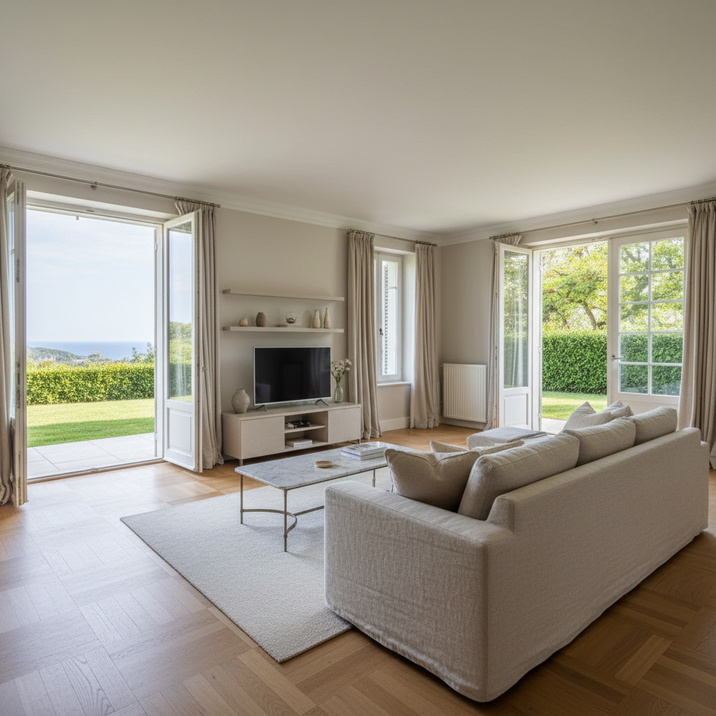 Zeminleri açık meşe parke ile kaplı, geniş cam kapılara sahip ferah bir yazlık salon, dışarıda görünen yemyeşil bahçe ve deniz manzarasına açılıyor. Ortada doğal keten döşemeli, açık bej tonlarında geniş bir köşe koltuk, önünde ince metal ayaklı hafif mermer sehpa duruyor. Yan tarafta raflı, zarif bir TV ünitesi ve birkaç nötr renkli dekor objesi mevcut. Yumuşak akşamüstü ışığı camlardan içeri süzülerek zarif gölgeler ve sıcak bir parlaklık oluşturuyor. Fotoğrafik gerçekçilikte, göz hizasından çekilmiş, derinliği net bir kare; atmosfer sakin, konforlu ve sofistike, yazlık kiralama arayanlar için huzurlu bir tatil evi hissi veriyor.